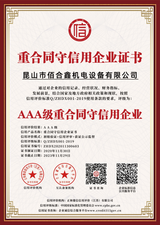 重和他守信用企業證書